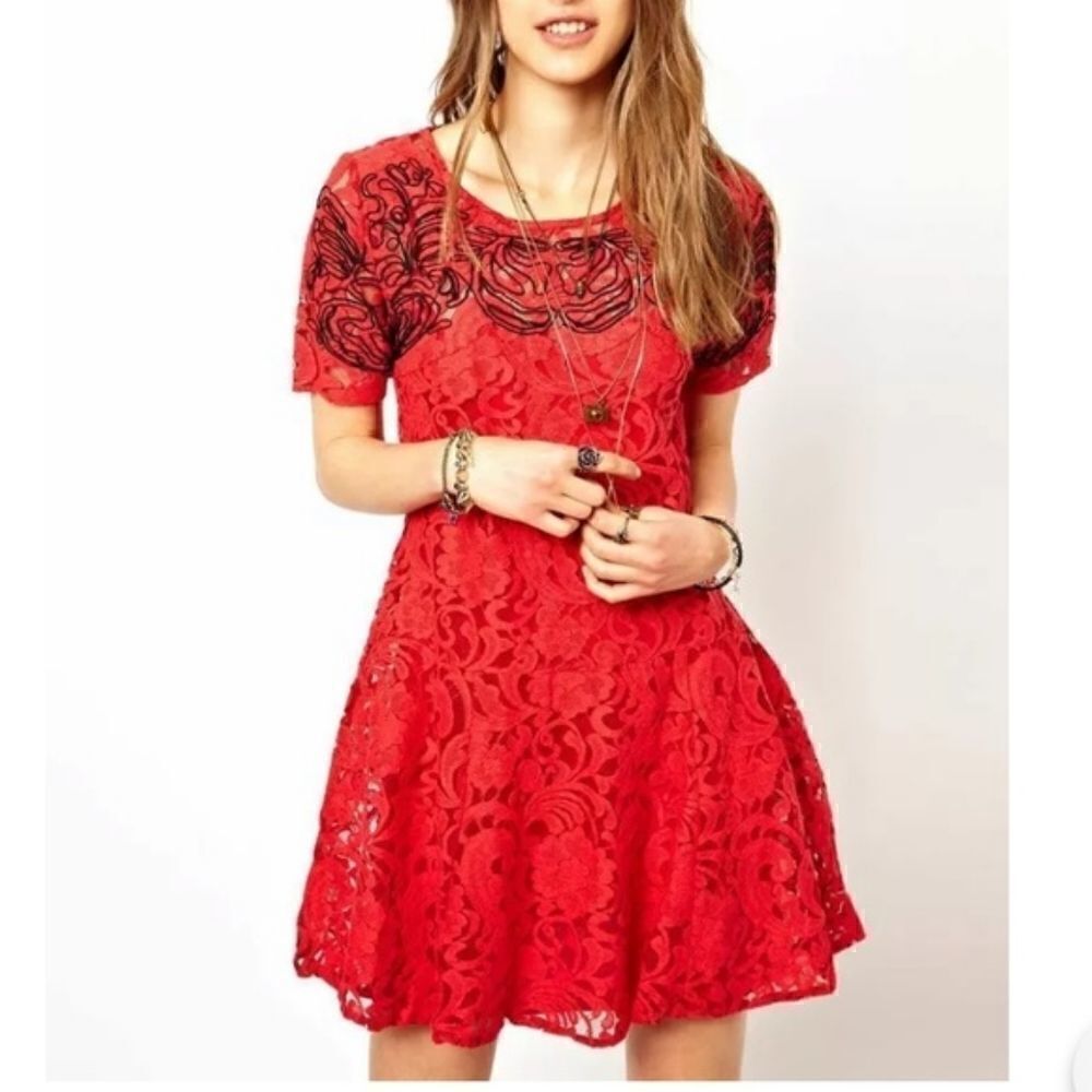 Free People Lace Dress Red Embroidered Boho Red Black Midi Small